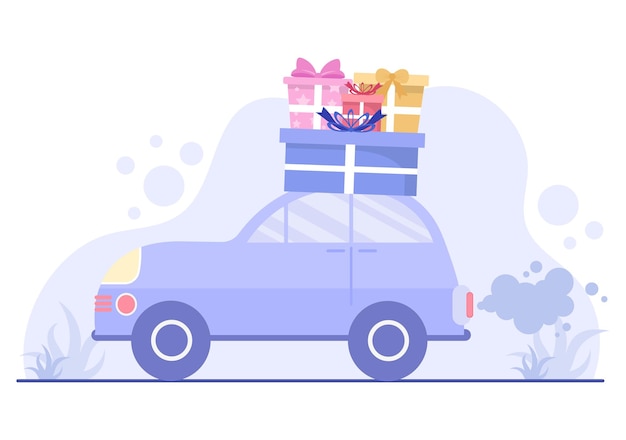 Vector gift online delivery by courier and customer door to door use car transportation in flat style background vector illustration