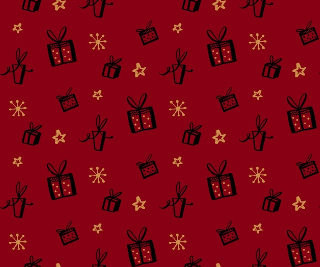 Vector gift pattern seamless texture with hand drawn illustrations of present boxes gifts red background