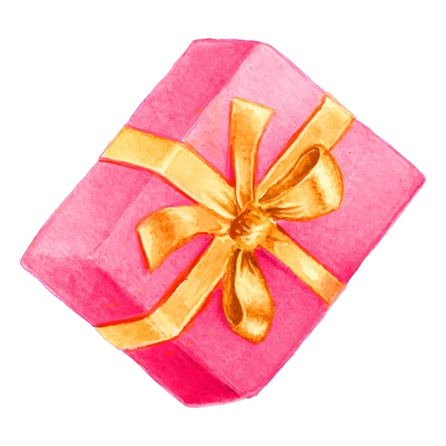 Vector gift pink box tied with golden ribbon and bow watercolor illustration