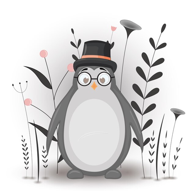 Gift postcard with cartoon animal penguin. Decorative floral background with branches and plants. Postcard with cartoon characters. The layout of the square cards.