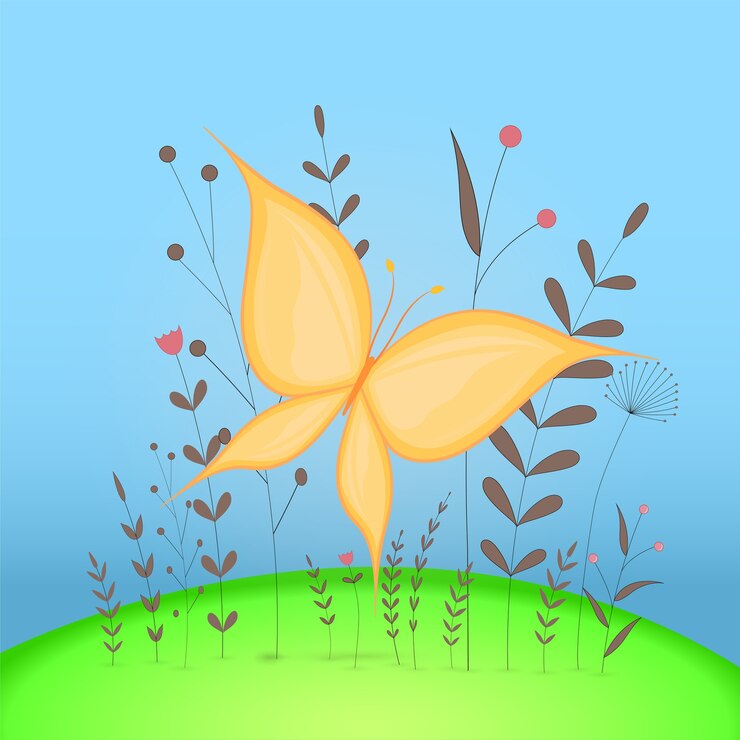 वेक्टर gift postcard with cartoon animals butterfly. decorative floral background with branches and plants.