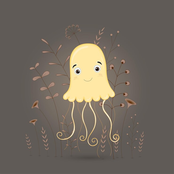 Vector gift postcard with cartoon animals jellyfish. decorative floral background with branches and plants.