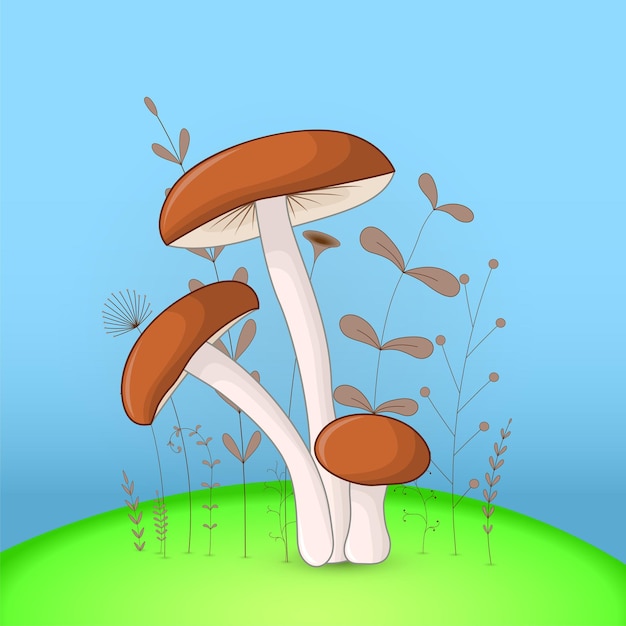 Gift postcard with cartoon animals mushroom. Decorative floral background with branches and plants.