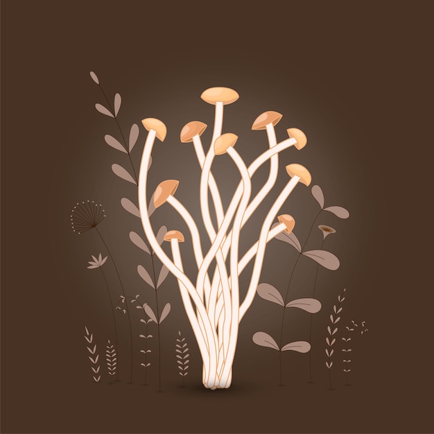 Gift postcard with cartoon animals mushroom. decorative floral background with branches and plants.