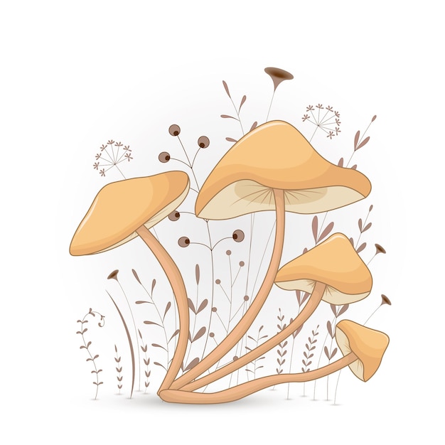 Gift postcard with cartoon animals mushroom. Decorative floral background with branches and plants.