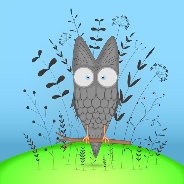 Gift postcard with cartoon animals owl Decorative floral background with branches and plants