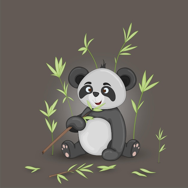 Gift postcard with cartoon animals panda. Decorative floral background with branches and plants.