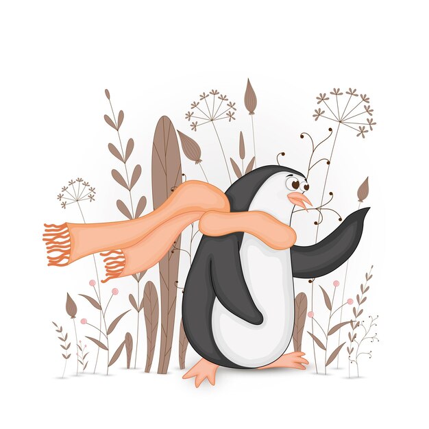 Vector gift postcard with cartoon animals penguin decorative floral background with branches and plants