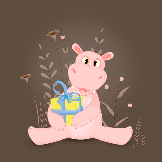 Gift postcard with cartoon hippo Decorative floral background with branches and plants