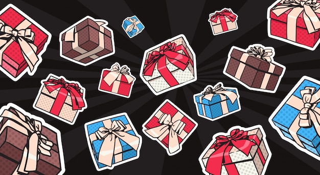 Gift or present boxes set with bow and ribbon on black background