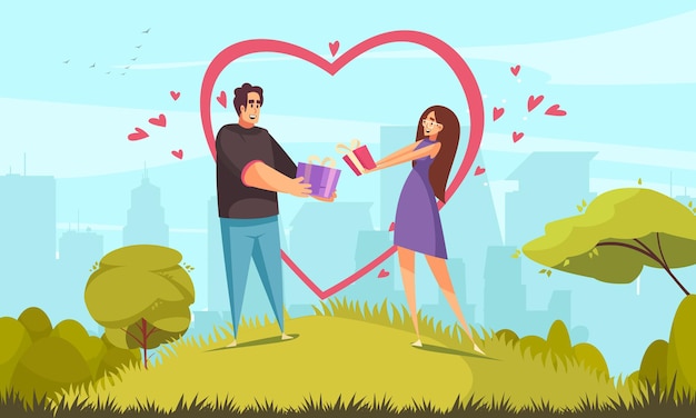 Gift present valentine day composition with outdoor cityscape and flat characters of young couple holding hands  illustration