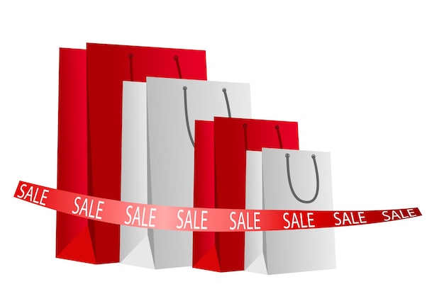 Gift shopping bags in red and white The concept of a special offer of discounts sales shopping for the new year christmas women's day valentine's day birthday buying for advertising flyers