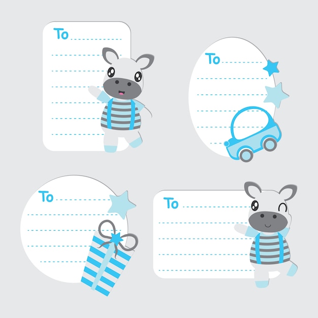 Vector gift tags of cute zebra boy and toys cartoon