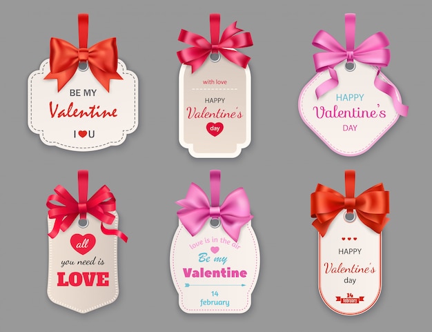 Gift tags met hartjes en linten. valentijnsdag