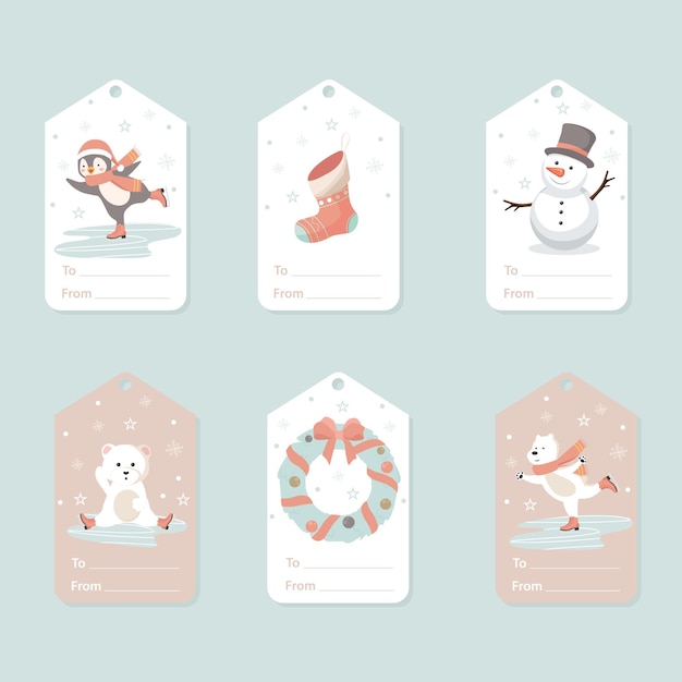 Set di modelli di etichette regalo con ghirlanda natalizia e personaggi pattinatori sul ghiaccio orsi pinguini e pupazzo di neve