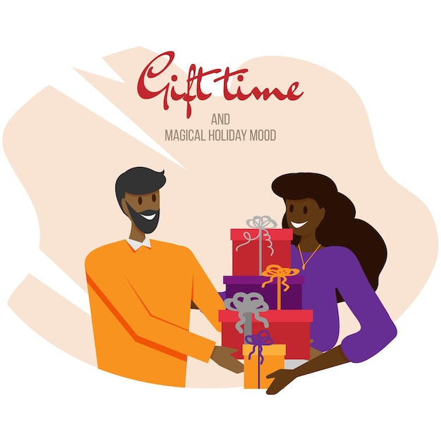 벡터 선물 시간 아프리카계 미국인 여자와 남자 선물 교환
