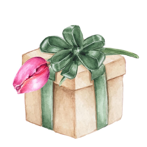 Vector gift vintage cardboard box tied with green ribbon and with pink tulip watercolor illustration