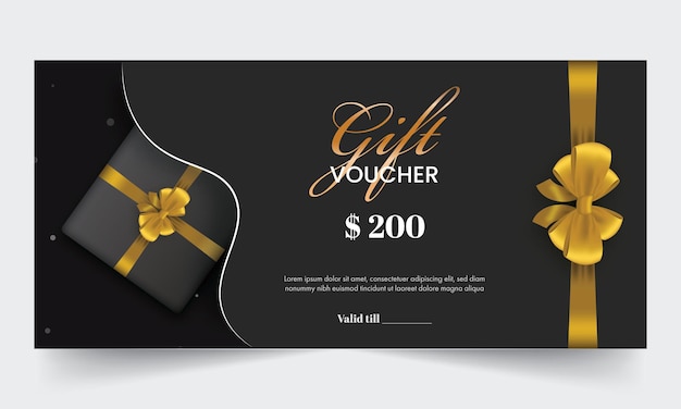 Vector gift voucher banner or header layout with realistic gift box and bow ribbon on black background