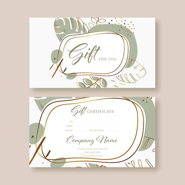 Vector gift voucher card template. modern discount coupon or certificate layout with abstract golden art