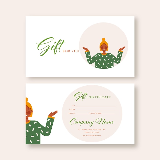 Gift voucher card template. Modern discount coupon or certificate layout with happy girl.