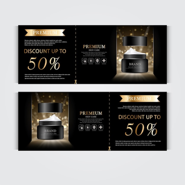 Vector gift voucher hydrating facial cream for annual sale or festival sale. silver and gold cream mask bottle isolated on glitter particles background. banner graceful cosmetic ads, illustration.