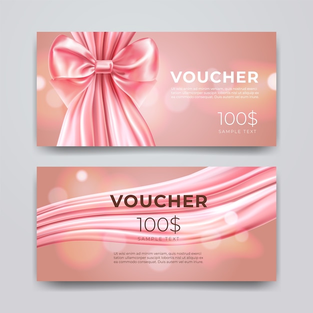 Gift voucher ontwerpsjabloon. set van premium promotiekaart met realistische roze boog en zijde geïsoleerd op bokeh achtergrond. kortingscertificaten, coupon of folder.