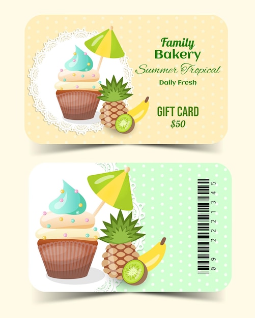 Gift voucher template with cupcake front and back in vector illustration