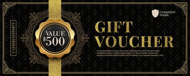 Vector gift voucher template with glitter gold luxury elements