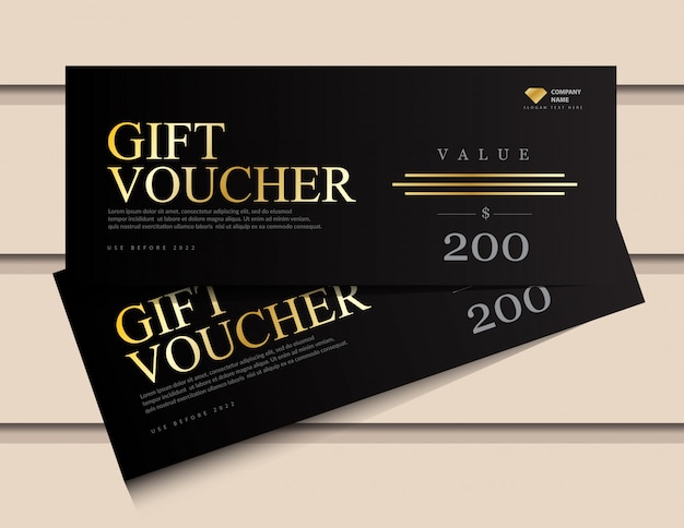 Gift voucher template with glitter gold luxury elements.