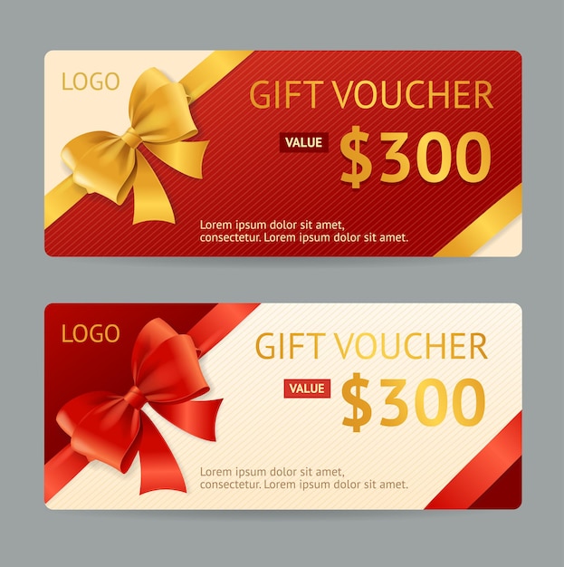 Vector gift voucher template with ribbon and a bow.