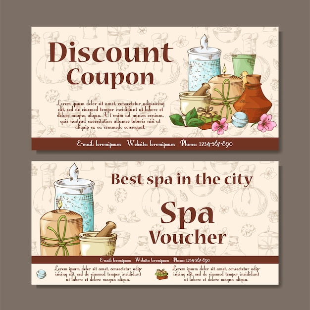 Gift voucher template with spa elements in hand drawn Sketch illustration Design certificate spa