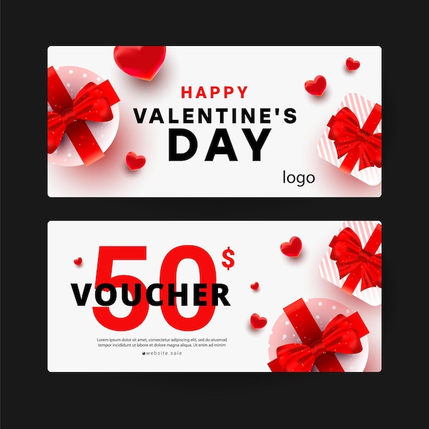 Gift voucher with discount template with realistic surprise gift boxes, love shape decor.