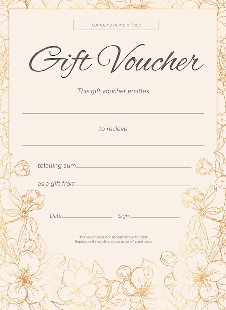 Gift voucher with golden flowers vector template of a gift certificate greeting card