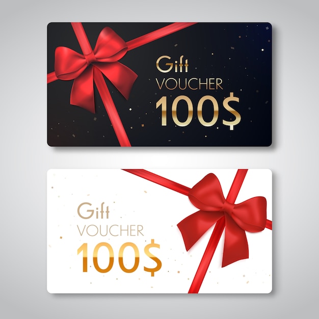 Vector gift voucher with red ribbon and bow