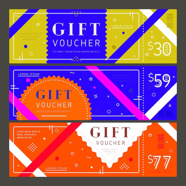 Vector gift voucher with tear-off discount coupon set. different value financial award for shopping