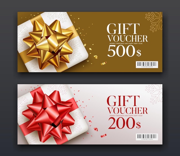 Vector gift vouchers white gift box golden and red ribbon collections concept design black background