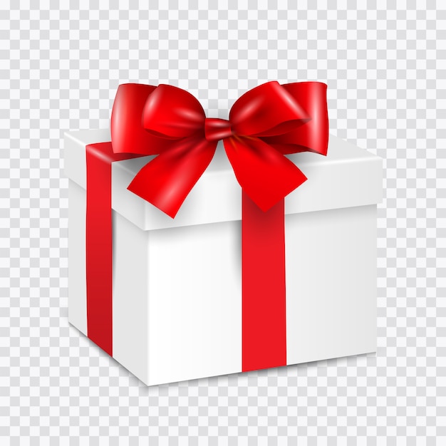 Vector gift white box with red ribbon isolated on transparent