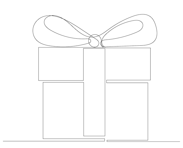 Vector gift with bow outline drawing by one continuous line isolated