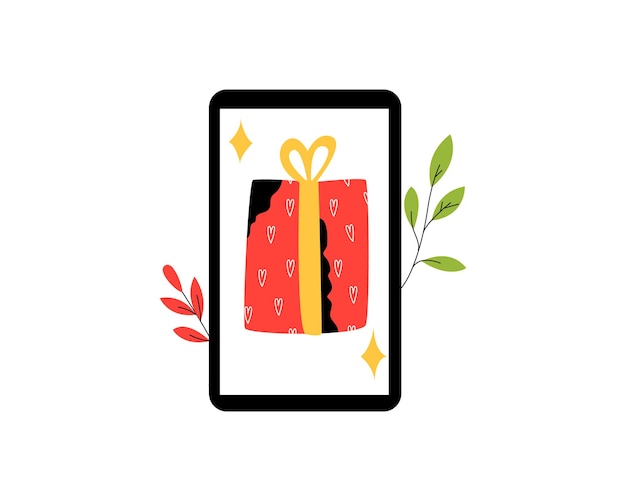 Vector gift with a bow on the phone screen, gift selection online