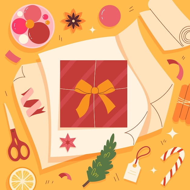 Gift wrapping concept Christmas composition top view