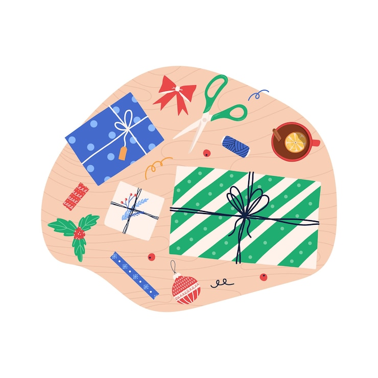 Vector 흰색 배경에 격리된 평면 벡터 일러스트레이션인 위의 상자, 가위, 실로 선물 포장 과정. 크리스마스 또는 겨울 방학은 나무 테이블에 준비를 제공합니다.