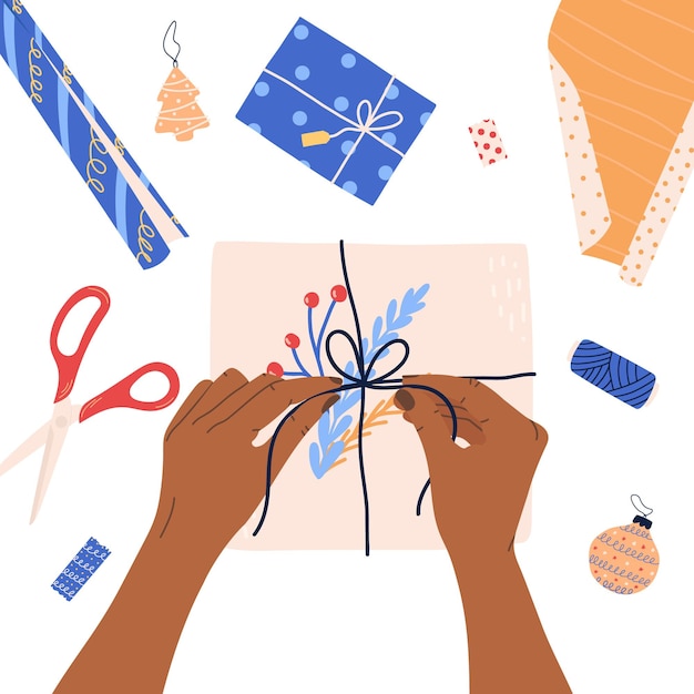 Vector gift wrapping process with box scissors and thread from above flat vector illustration on white