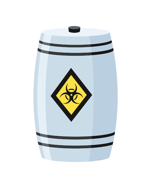Giftig chemisch vat stalen tank met radioactief afval container biohazard pictogram in vlakke stijl gevaarlijke stof opslag van pathogene componenten