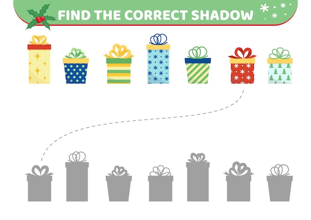 Gifts Find the correct shadow Shadow matching game Christmas presents Cartoon vector