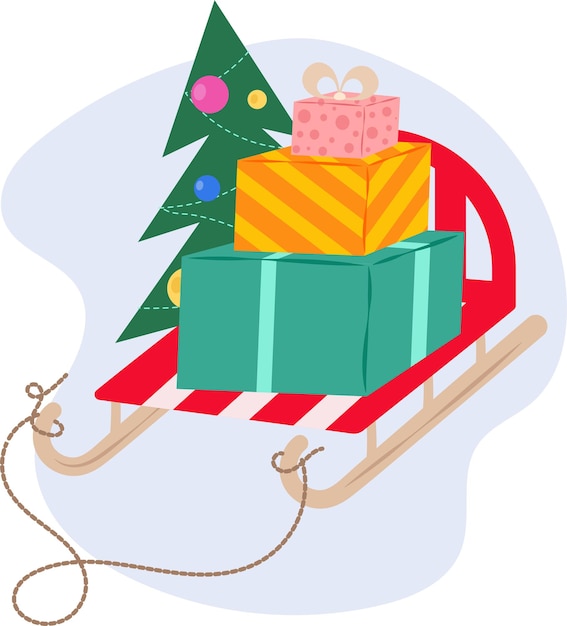 Gifts lying in a stack on a sleigh with a decorated christmas tree vector illustration