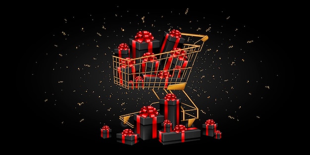 Gifts in shopping cart on black background