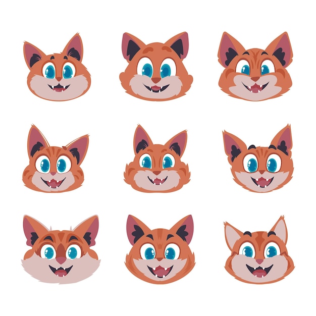 Gigantic set of brilliantly faces of cats Cartoon style Vector Illustration