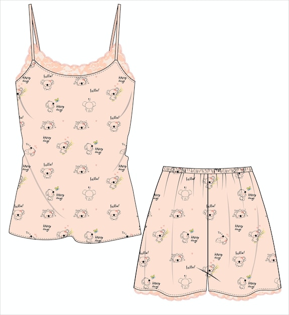 Vettore ragazze e donne indossano pigiami set top e bottom set illustrazione vettoriale sketch design