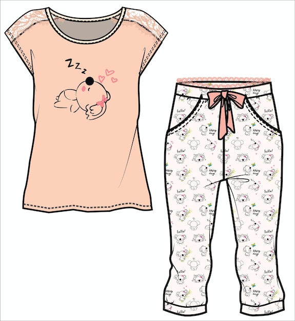 GILRS 및 WOMEN WEAR PAJAMS 세트 상하 세트 벡터 일러스트 스케치 디자인