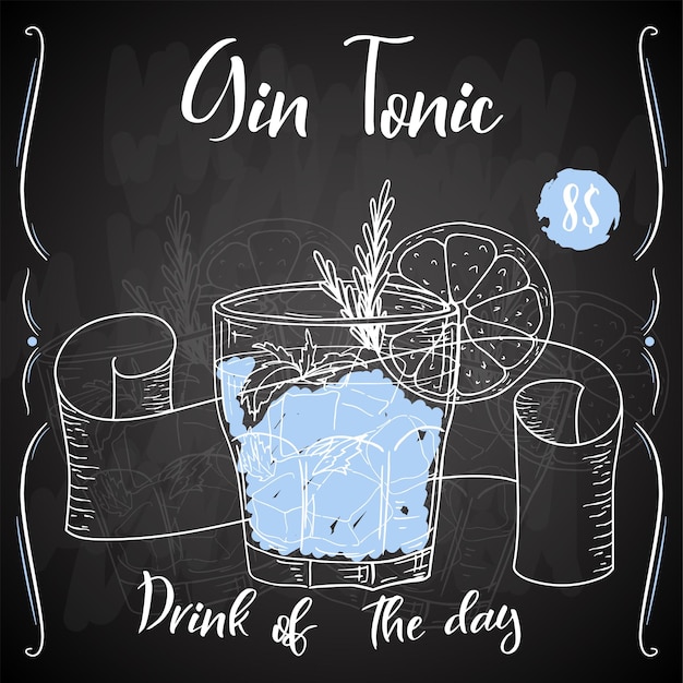 Gin tonic cocktail hand getrokken drankje op witte achtergrond vectorillustratie